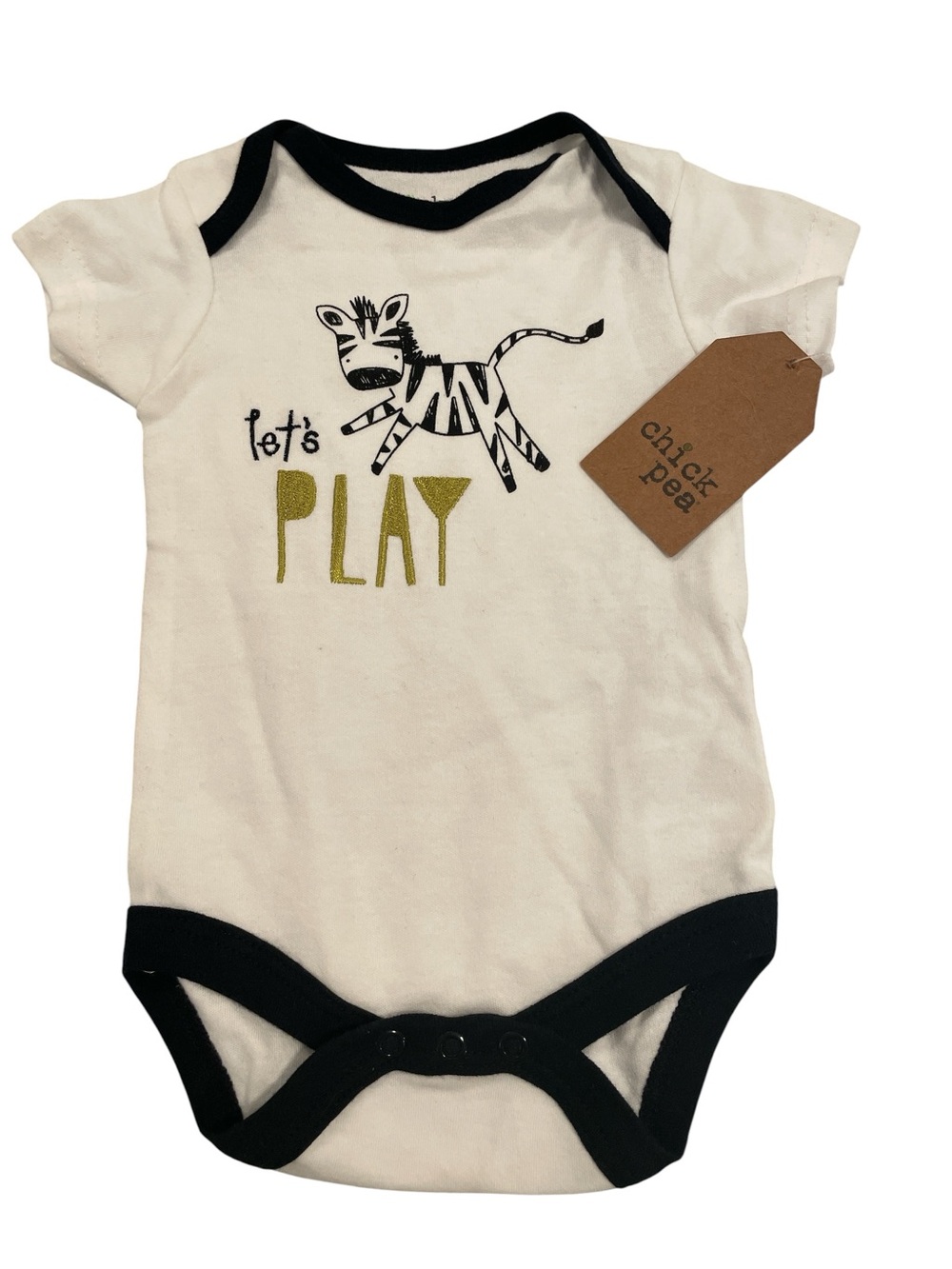 Chick Pea Baby Onesie 0-3 Months with “let’s Play” and Zebra Embroidery NWT